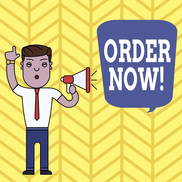 Handwriting text writing Order Now. Concept meaning confirmed request by one party to another to buy sell Man Standing with Raised Right Index Finger and Speaking into Megaphone. — Stok fotoğraf