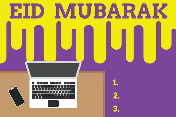 Signo de texto que muestra Eid Mubarak. Foto conceptual saludo musulmán tradicional reservado para los festivales sagrados Vista superior oficina lugar de trabajo portátil escritorio de madera lado del teléfono inteligente . — Foto de Stock