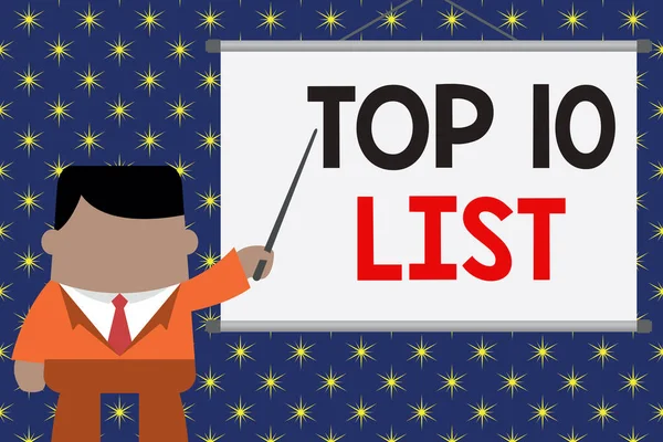 Håndskriftstekst Topp 10-liste. Betegnelse som betyr de ti viktigste eller mest vellykkede elementene i en bestemt liste Forretningsmann som står foran prosjektorens skjermprosjekt . – stockfoto