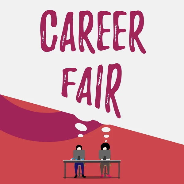 Handwriting text writing Career Fair. Concept meaning an event at which job seekers can meet possible employers Two men sitting behind desk each one laptop sharing blank thought bubble.