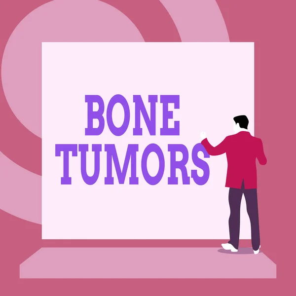 Handwriting text writing Bone Tumors. Concept meaning can be either benign or malignant growths found in the bone Back view young man dressed suit standing platform facing blank rectangle.