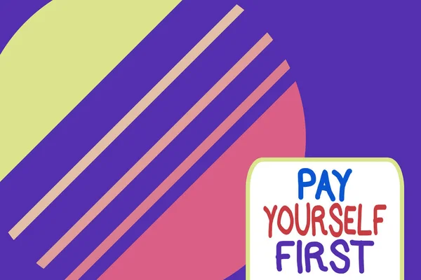 Conceptual hand writing showing Pay Yourself First. Business photo text Saving for future Setting aside a Portion of your income Cosmic planet pattern design paper cut Circle Background. — Stockfoto