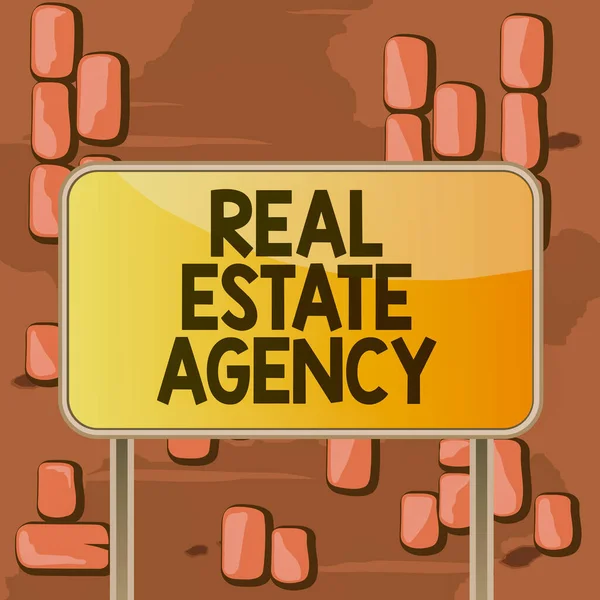 Word σύνταξη κειμένου Μεσιτικό γραφείο. Business concept for Business Entity Arrange Sell Rent Lease Manage Properties Board ground metallic pole κενό panel plank πολύχρωμο backgound επισυνάπτεται. — Φωτογραφία Αρχείου