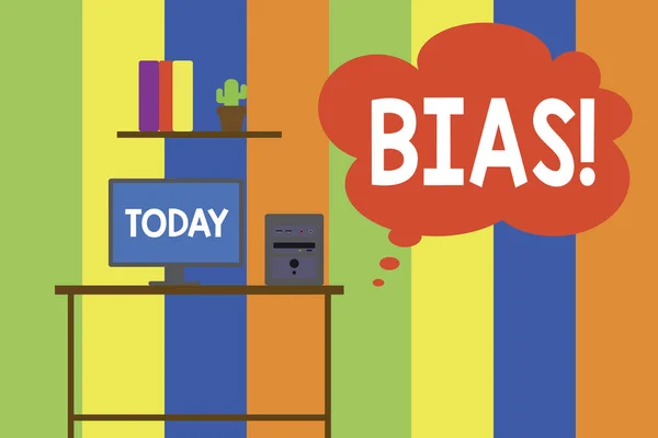 Text sign showing Bias. Conceptual photo inclination or prejudice for or against one demonstrating group Desktop computer wooden table background shelf books flower pot ornaments. — 图库照片