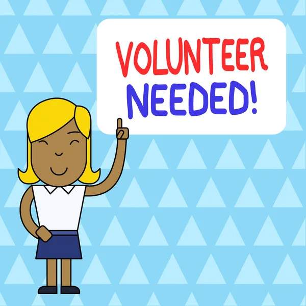 Word writing text Volunteer Needed. Business concept for asking demonstrating to work for organization without being paid Woman Standing with Raised Left Index Finger Pointing at Blank Text Box.