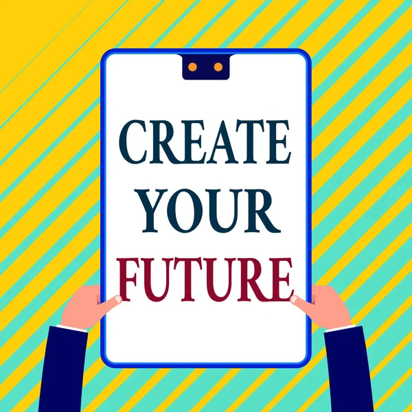 Εγγραφή σημείωμα που δείχνει Δημιουργήστε το μέλλον σας. Business photo showcasing Set Στόχοι Στόχος και Καριέρα Σχέδιο μπροστά Προσεγγίστε Λευκό ορθογώνιο πρόχειρο με μπλε πλαίσιο έχει δύο τρύπες κρατά με τα χέρια. — Φωτογραφία Αρχείου