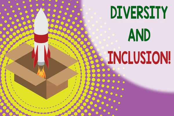 Text sign showing Diversity And Inclusion. Conceptual photo range huanalysis difference includes race ethnicity gender Fire launching rocket carton box. Starting up project. Fuel inspiration.
