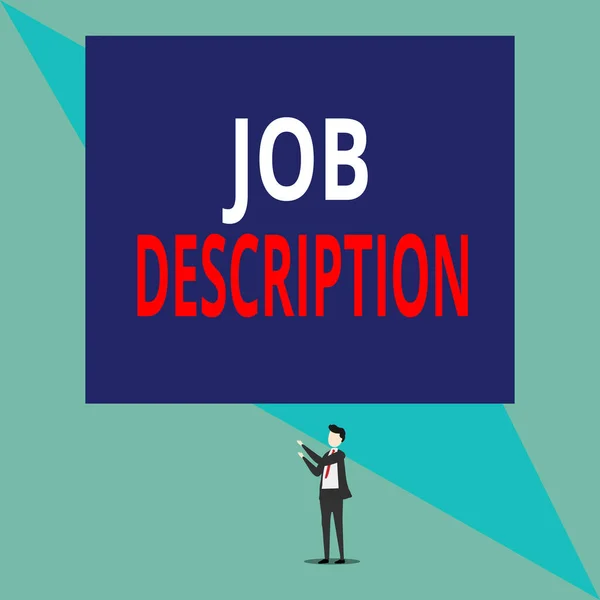 Writing note showing Job Description. Business photo showcasing a formal account of an employee s is responsibilities Isolated view man standing pointing upwards two hands big rectangle. — Stock Photo, Image