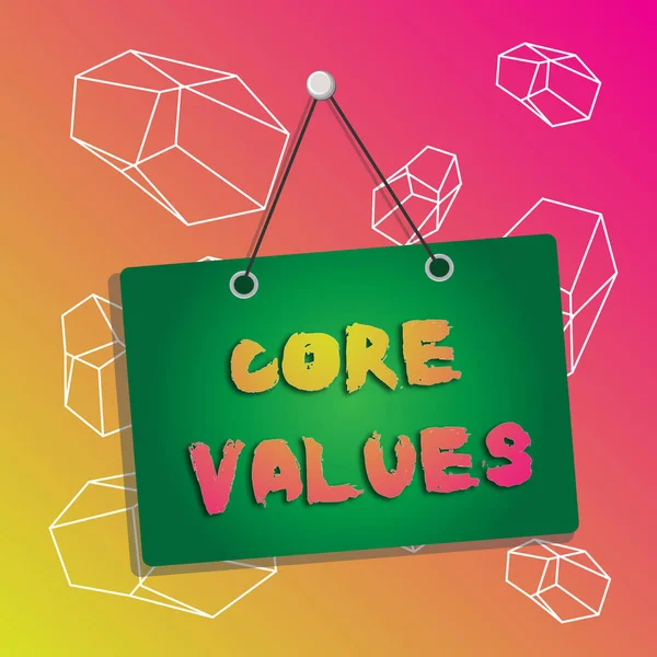 Word writing text Core Values. Business concept for the fundamental beliefs or principle of a demonstrating or organization Colored memo reminder empty board blank space attach background rectangle.
