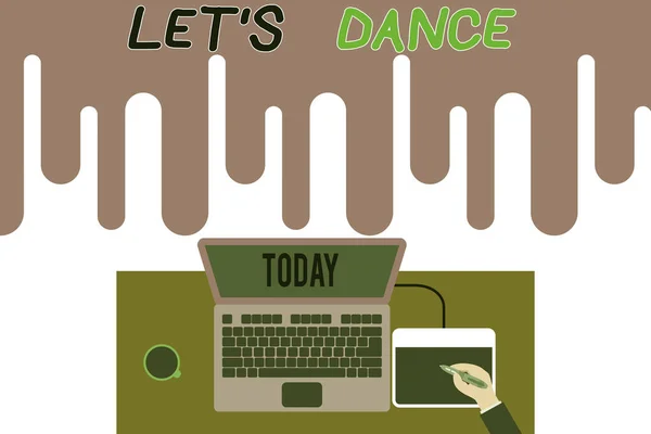 Escritura de texto a mano Let S Is Dance. Concepto que significa moverse rítmicamente a la música siguiendo una secuencia de pasos Vista superior portátil escritorio de madera dibujo tableta café taza oficina . — Foto de Stock