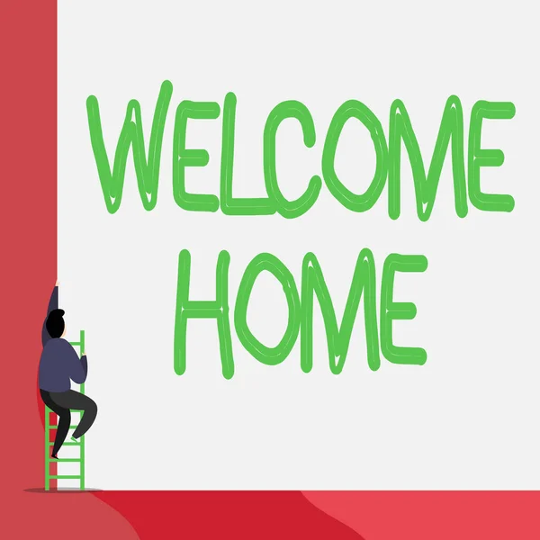 Text sign showing Welcome Home. Conceptual photo a reception usually celebrate the return home of a demonstrating Back view young man climbing up staircase ladder lying big blank rectangle. — Stok fotoğraf