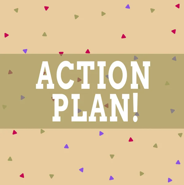 Writing note showing Action Plan. Business photo showcasing proposed strategy or course of actions for certain time Triangle Shape Confetti or Broken Glass Scattered Yellow Tone.