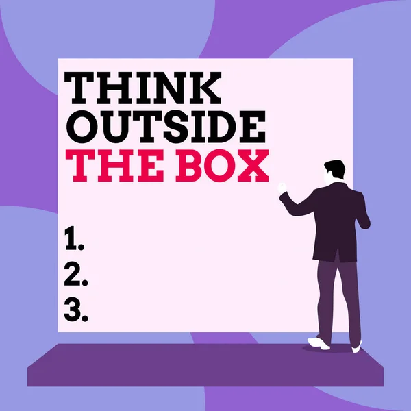 Conceptual hand writing showing Think Outside The Box. Business photo text Be unique different ideas bring brainstorming Back view Man dressed standing platform facing blank rectangle.