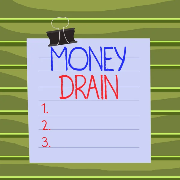 Conceptual hand writing showing Money Drain. Business photo showcasing To waste or squander money Spend money foolishly or carelessly Paper lines binder clip suare notebook color background.