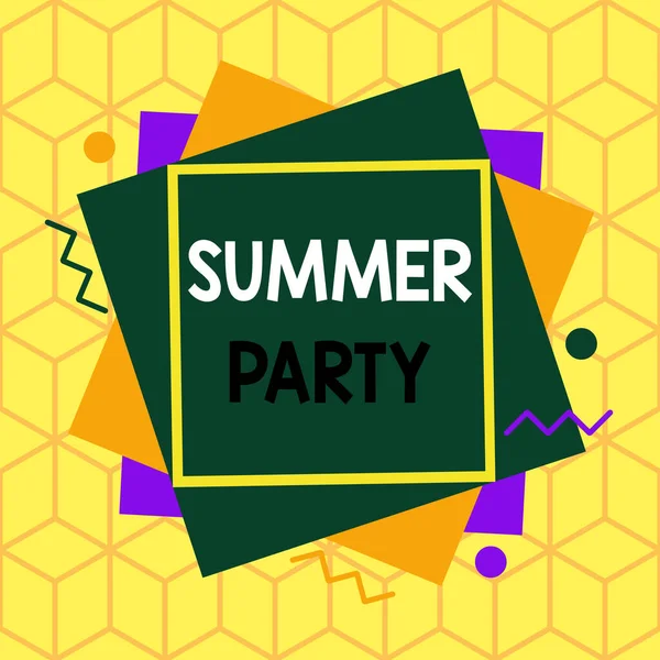 Text sign showing Summer Party. Conceptual photo social gathering held during summer season or school break Asymmetrical uneven shaped format pattern object outline multicolour design. — Stock Photo, Image