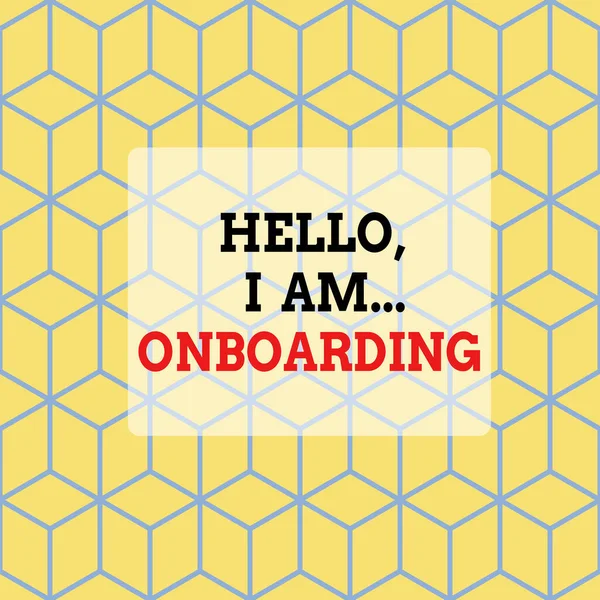 Знак с надписью Hello I Am Onboarding. Концептуальное фото, показывающее, что вы находитесь на корабле или самолете Бесшовные голубые блоки Кубы Желтый фон Глубина Перспектива . — стоковое фото