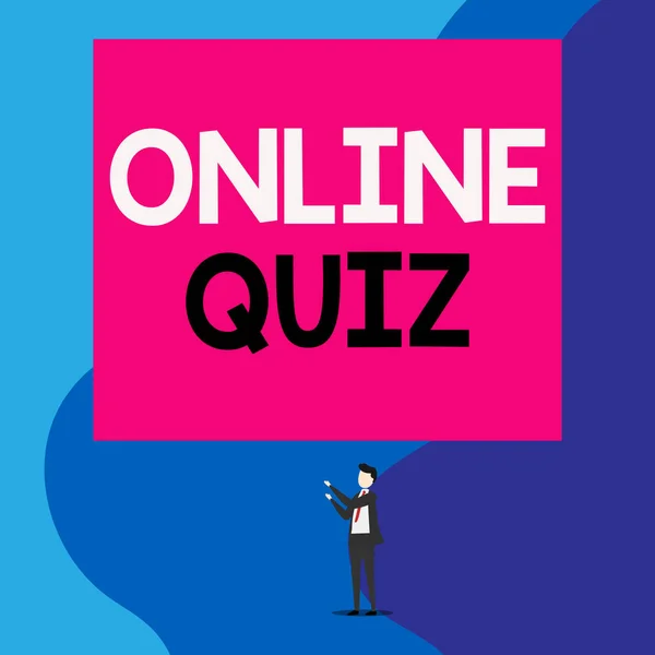 Text sign showing Online Quiz. Conceptual photo game or a mind sport that are published on the Internet Isolated view young man standing pointing upwards two hands big rectangle.