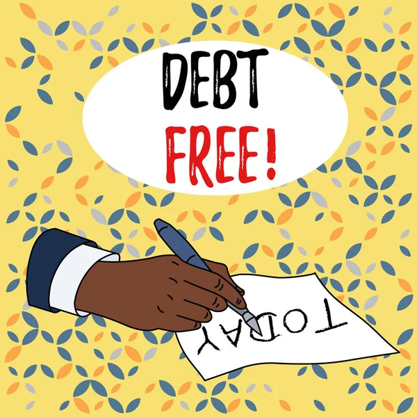 Conceptual hand writing showing Debt Free. Business photo text does not owning any money to any individual or companies Male Hand Formal Suit Holding Ballpoint Pen Piece of Paper Writing.