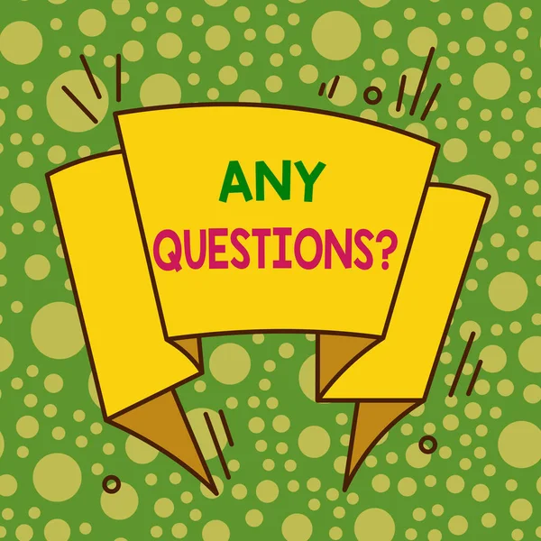 Writing note showing Any Questions Question. Business photo showcasing you say write order to ask demonstrating about something Asymmetrical uneven shaped pattern object multicolour design.