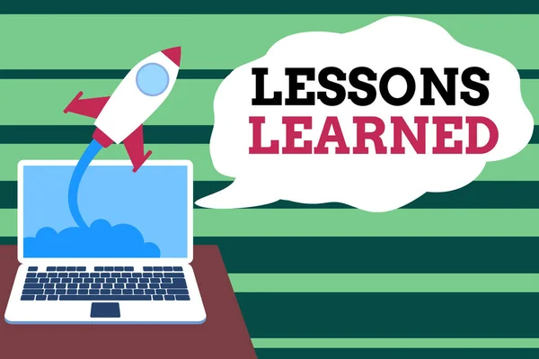 Handwriting text Lessons Learned. Concept meaning the knowledge or understanding gained by experience Successful rocket launching clouds out laptop background. Startup growing.