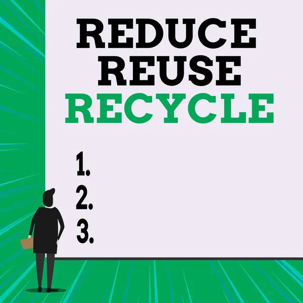 Nota de escrita mostrando Reduzir Reutilizar Reciclagem. Foto de negócios mostrando comportamento ambientalmente responsável do consumidor Mulher assistindo retângulo grande em branco. Fundo geométrico . — Fotografia de Stock