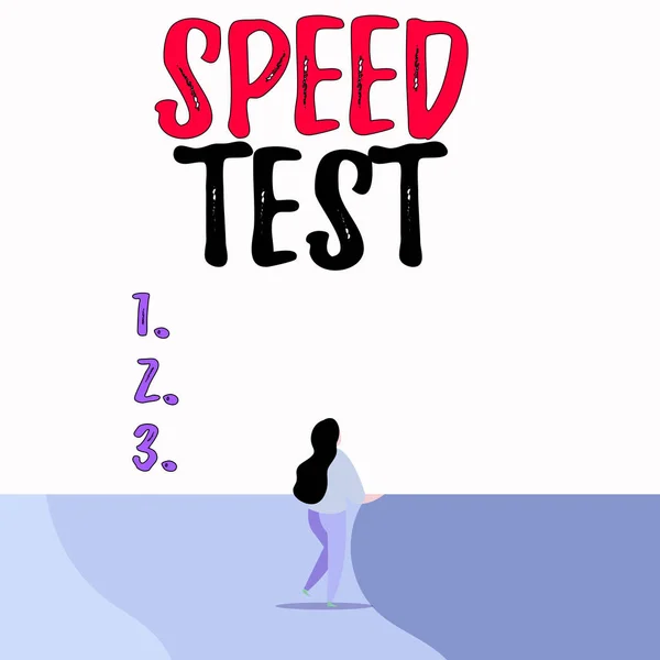Conceptual hand writing showing Speed Test. Business photo text psychological test for the maximum speed of performing a task Back view young long hair woman holding blank square announcement. — Stock Photo, Image