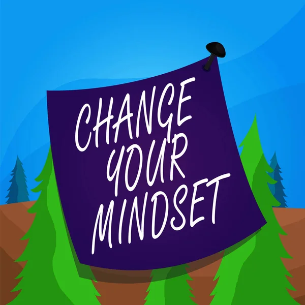 Word writing text Change Your Mindset. Business concept for replace your beliefs way of thinking mental path Curved reminder paper memo nailed colorful surface stuck blank pin frame.
