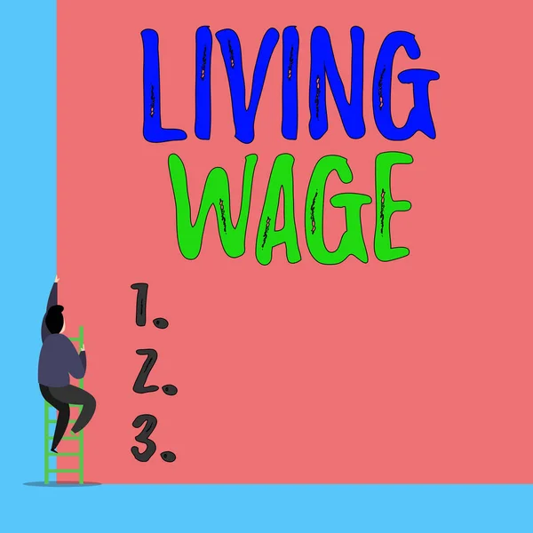 Handwriting text Living Wage. Concept meaning wage that is high enough to maintain a normal standard of living Back view young man climbing up staircase ladder lying big blank rectangle.
