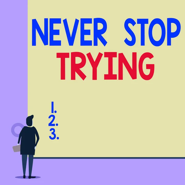 Text sign showing Never Stop Trying. Conceptual photo Do not give up Continue to Try Again Keep on Doing Back view young woman watching blank big rectangle. Geometrical background.