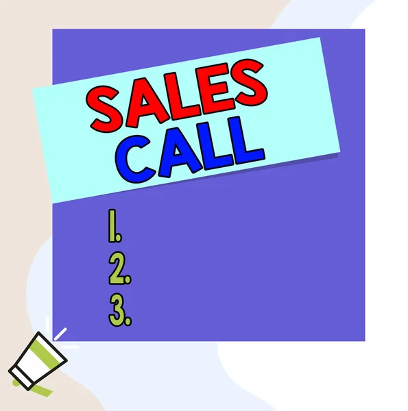 Word writing text Sales Call. Business concept for a phone call made by a sales representative of a company Speaking trumpet on left bottom and paper attached to rectangle background.