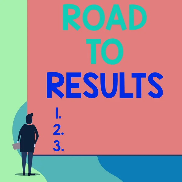 Writing note showing Road To Results. Business photo showcasing Business direction Path Result Achievements Goals Progress Back view young woman watching blank big rectangle.