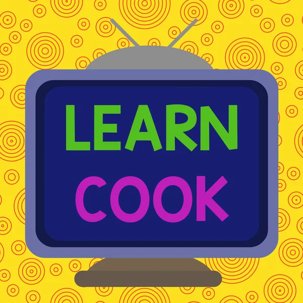 Signo de texto que muestra Learn Cook. Conceptual foto adquirir conocimientos o adquirir habilidades en culinaria o comida cuadrado rectángulo viejo multicolor pintura televisión imagen madera diseño . —  Fotos de Stock