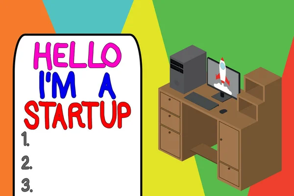 Woord schrijven tekst Hallo I M A Startup. Business concept voor Ondernemer startende bedrijf Presenteren Nieuw project Werken desktop station laden personal computer lanceren raket wolken. — Stockfoto