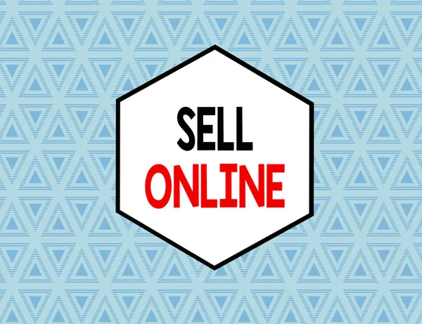Text sign showing Sell Online. Conceptual photo directly sell goods or services to a buyer over the Internet Seamless Pattern of Alternating Straight and Upside Blue Triangles in Line.