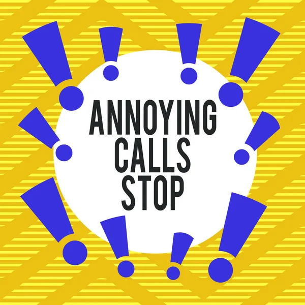 Conceptual hand writing showing Annoying Calls Stop. Business photo showcasing Prevent spam phones Blacklisting numbers Angry caller Asymmetrical uneven shaped pattern object multicolour design. — Stock Photo, Image