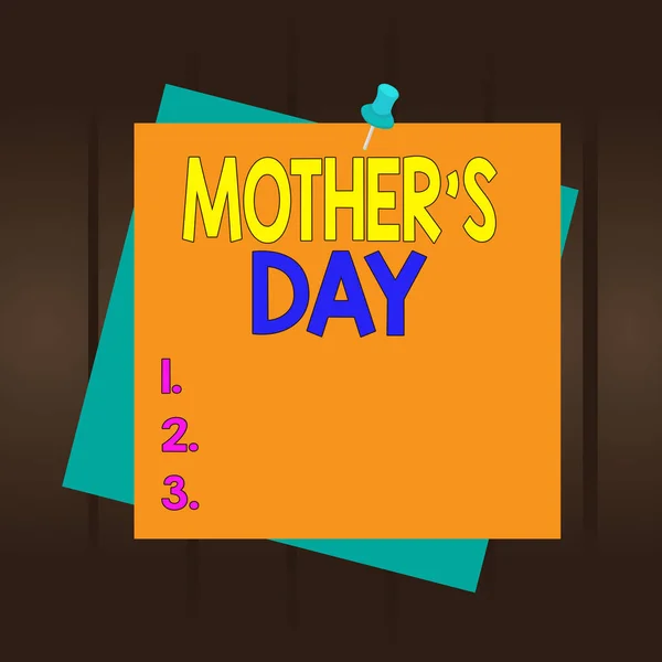 Writing note showing Mother S Day. Business photo showcasing a celebration honoring the mother of the family or motherhood Reminder color background thumbtack tack memo pin square.