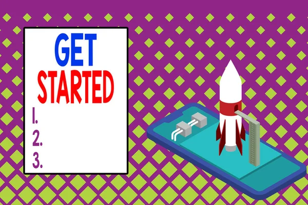 Writing note showing Get Started. Business photo showcasing Begin an important period in one s is life or career Begin a task Ready to launch rocket lying smartphone. Startup negotiations to begin.