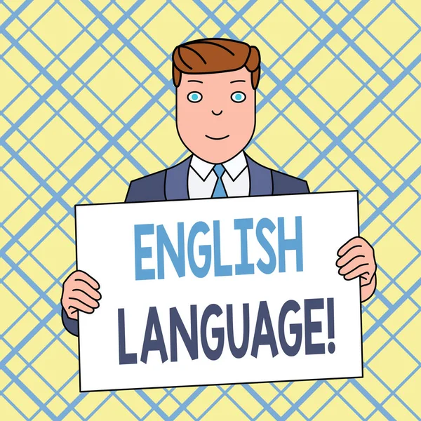 Writing note showing English Language. Business photo showcasing third spoken native lang in world after Chinese and Spanish Smiling Man Holding Suit Poster Board in Front of Himself. — Stockfoto