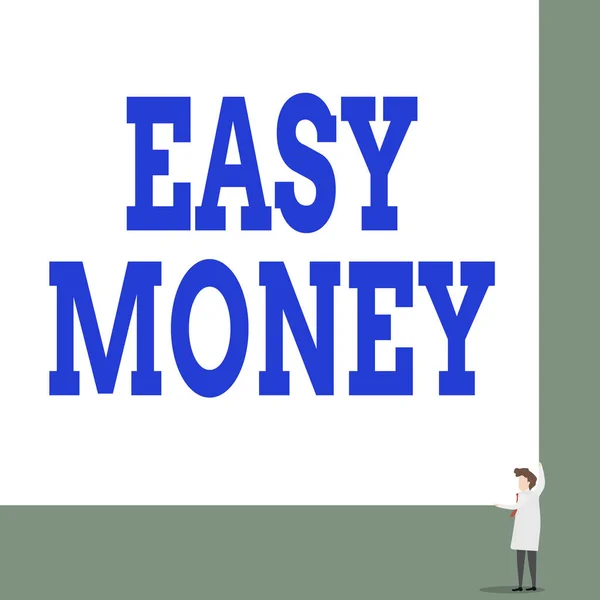Text sign showing Easy Money. Conceptual photo money that is easily have and sometimes dishonestly earned Front view young woman holding two hands right corner big blank rectangle.