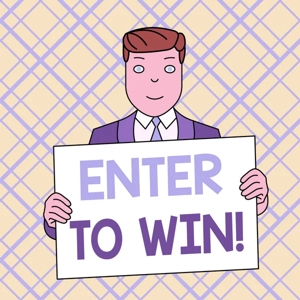 Pisanie notatki pokazującej Enter To Win. Biznesowa prezentacja zdjęć zamieniając coś wartościowego na nagrodę lub szansę na wygranie Smiling Man Holding Suit Poster Board przed sobą. — Zdjęcie stockowe