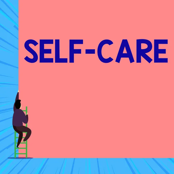 Sinal de texto mostrando Self Care. Foto conceitual a prática de tomar medidas para melhorar a própria saúde Visão traseira jovem subir escada deitado grande retângulo em branco . — Fotografia de Stock