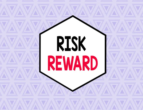 Text sign showing Risk Reward. Conceptual photo assess the profit potential of a trade relative to its loss Seamless Pattern of Alternating Straight and Upside Blue Triangles in Line. — Stock Photo, Image