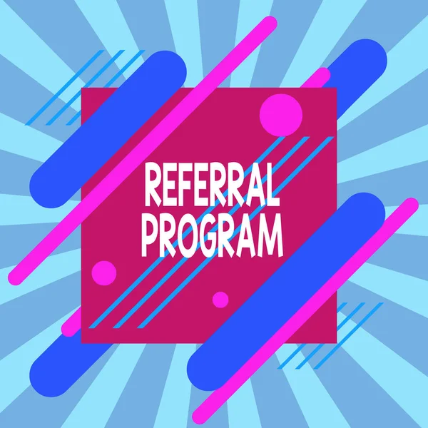 Text sign showing Referral Program. Conceptual photo employees are rewarded for introducing suitable recruits Asymmetrical uneven shaped format pattern object outline multicolour design.