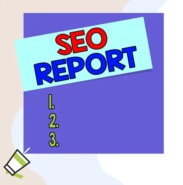Ordskrivning text Seo Report. Affärsidé för att meddela om hur webbplatsen fungerar i sökmotorresultat Tala trumpet på vänster botten och papper bifogas rektangel bakgrund. — Stockfoto