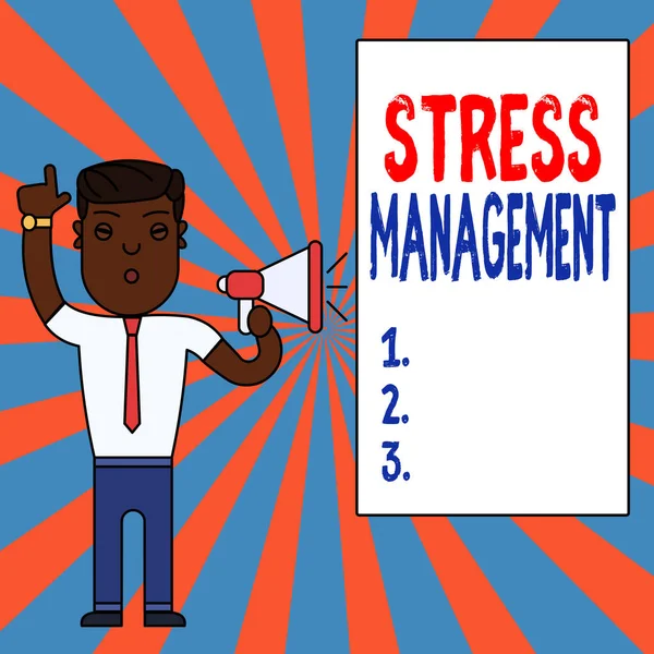 A stresszkezelést mutató szöveges jel. Koncepcionális fotó módszer korlátozza a stresszt és annak hatásait azáltal, hogy megtanulják, hogyan ember álló emelt jobb index ujj és Beszél megafon. — Stock Fotó