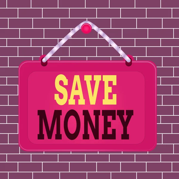 Text sign showing Save Money. Conceptual photo store some of your cash every month to use them sometime later Board fixed nail frame string striped colored background rectangle panel. — Stock Photo, Image