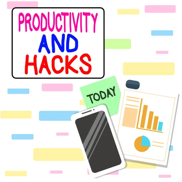 Writing note showing Productivity Hacks. Business photo showcasing tricks that you get more done in the same amount of time Layout Smartphone Sticky Notes with Pie Chart and Bar Graph. — Stock Photo, Image