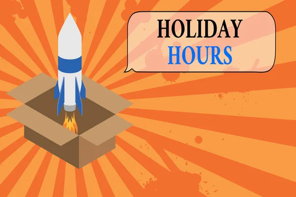 Conceptual hand writing showing Holiday Hours. Business photo showcasing employee receives twice their normal pay for all hours Fire launching rocket Starting up project Fuel inspiration. — Stock Photo, Image