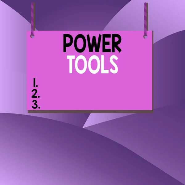 Handwriting text writing Power Tools. Concept meaning tool that is actuated by additional power source and mechanism Wooden board wood rectangle shape empty frame fixed colorful striped string. — Stock Photo, Image