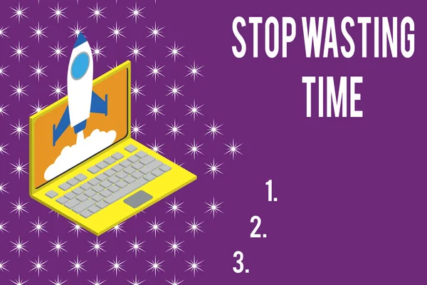 Escritura a mano escritura de texto Dejar de perder el tiempo. Concepto que significa aconsejar a la demostración o grupo de empezar a planificar y utilizar sabiamente Rocket lanzamiento de nubes fondo portátil. Proyecto de puesta en marcha creciendo. SEO . — Foto de Stock